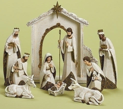 10-Piece Ivory And Gold Religious Christmas Nativity Figurine Set, 11.5"