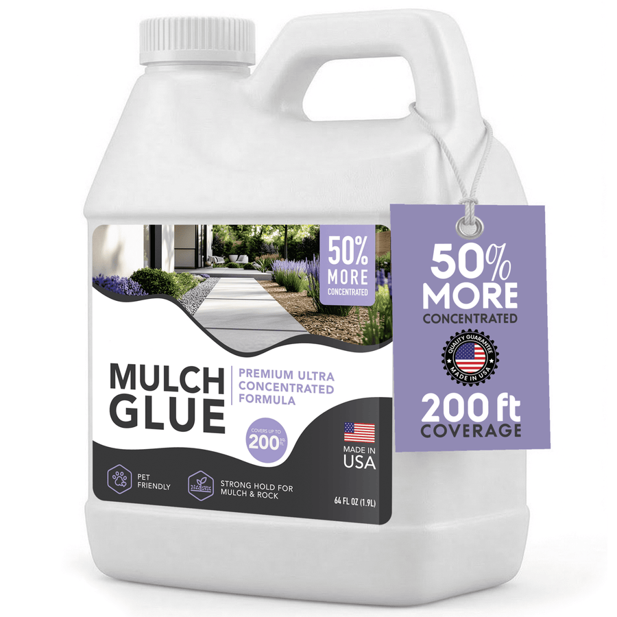 64 fl oz jug of mulch glue with handle and hang tag reading 50% more concentrated and 200 ft coverage