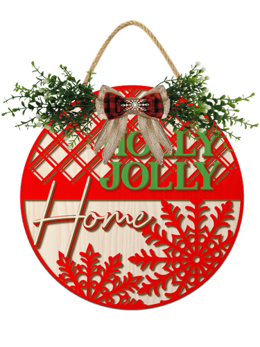Eveokoki Christmas Door Wreath Holly Jolly Home Hanging Wall Sign for Front Door 11'' Round Xmas Tree Winter Wreath Wooden Porch Signs with Bow Porch Farmhouse Home Wall Decor
