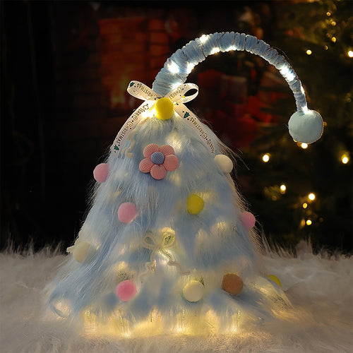 HHBEAUTY 17.7 Inch Tabletop Mini Artificial Christmas Tree, Mini Plush Crooked Top Christmas Tree, Christmas Tree With Flower, Bow and LED Decor, Christmas Home Decor, Gift for Friends, Blue