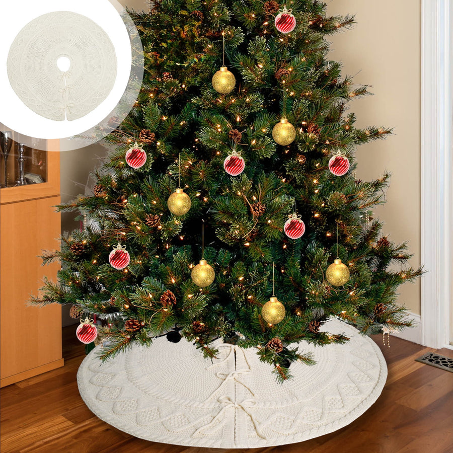Knitted Tree Skirt, 48 Inch Knitted Christmas Tree Skirt, Christmas Tree Decorations, Farmhouse Christmas Decor Xmas Holiday Office Home Party Decorations