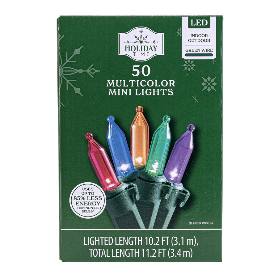 Indoor/Outdoor 50-Count LED Mini Christmas String Lights, Multicolor, Green Wire, 10.2', by Holiday Time