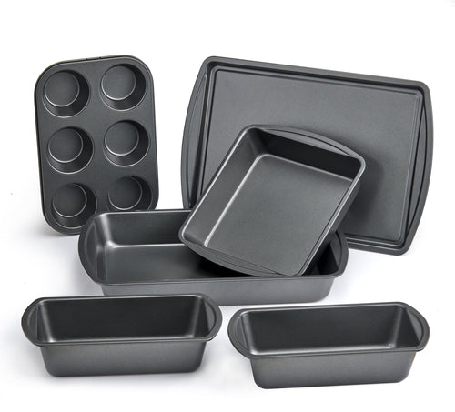 Mainstays 6 Piece Non-Stick Carbon Steel Bakeware Set with Cake, Muffin, Cookie and Loaf Pans, Gray
