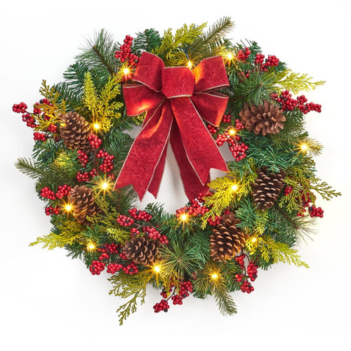 Senfot 24 Inch Lighted Christmas Wreath with Pine Cones, Red Berries, 20 LED Lights, Battery Operated, Waterproof Box, Indoor/Outdoor Holiday Home Decoration