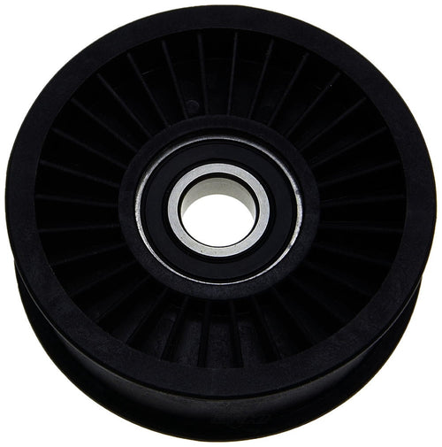 Close-up of a black ACDelco flanged idler pulley showing ribbed plastic wheel and central metal bearing