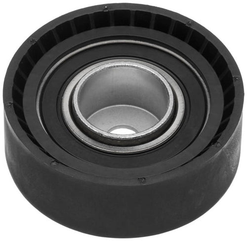 Top-down view of a black idler pulley showing central metal bearing and ribbed inner flange