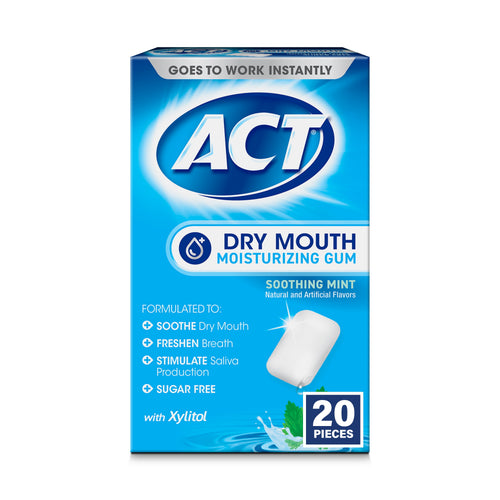 Front of ACT Dry Mouth Moisturizing Gum box in blue, showing brand logo, product name and a white gum piece