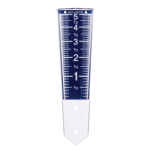 AcuRite clear plastic magnifying rain gauge with blue measurement scale to 5 inches