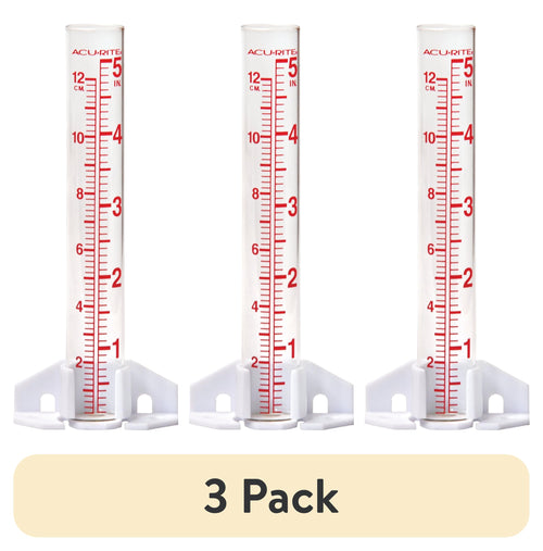 Three AcuRite glass rain gauges with white mounting bases shown against white background