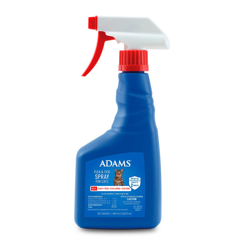 Blue ADAMS flea & tick spray bottle with red trigger nozzle on white background