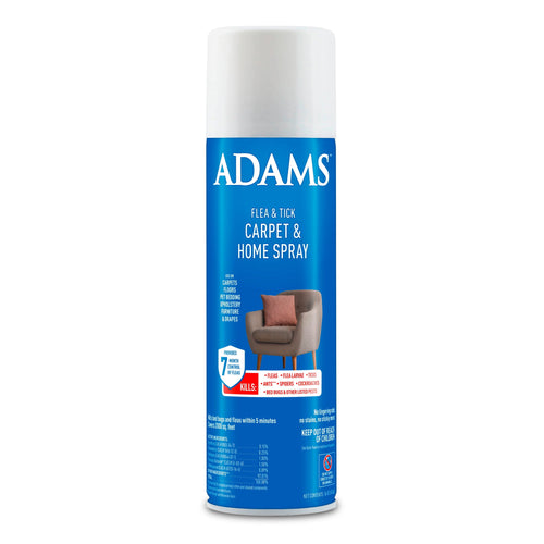 Blue ADAMS Flea & Tick Carpet & Home Spray aerosol can with white cap and product label showing a chair graphic