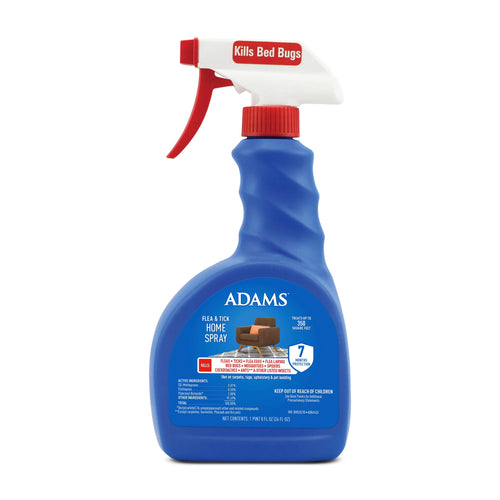 Blue Adams Flea & Tick home spray bottle with red trigger and product label visible on white background