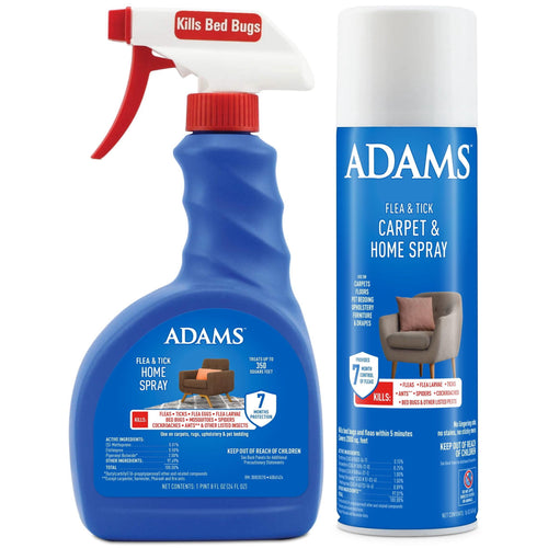 Two Adams flea & tick home spray containers: a blue trigger-spray bottle and a blue aerosol can with product labels and an armchair image.