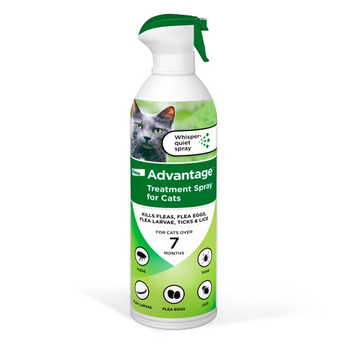 White and green Advantage Treatment Spray for Cats aerosol bottle with trigger top and product label showing a gray cat