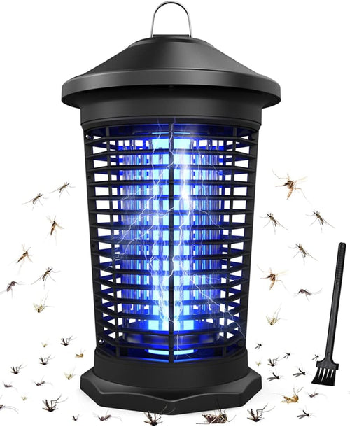 Black electric bug zapper with glowing blue UV tube and protective grid, shown with scattered dead insects and small cleaning brush