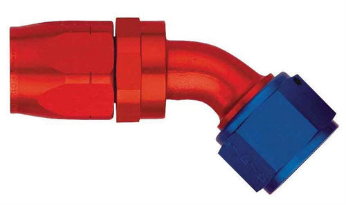 Red anodized 90-degree aluminum hose fitting with blue hexagonal swivel nut, braided-hose connector style