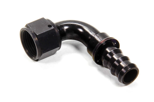 Black 90-degree hose elbow fitting with threaded nut and barbed hose tail photographed on a white background