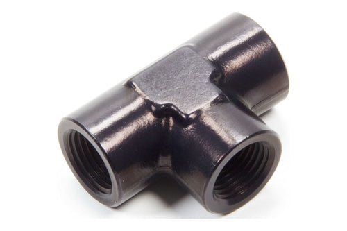 Black metal T-shaped female pipe fitting with three threaded female ports, close-up view