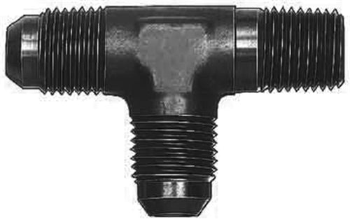 Black T-shaped metal hydraulic fitting with three threaded male ends and hex flats on the body