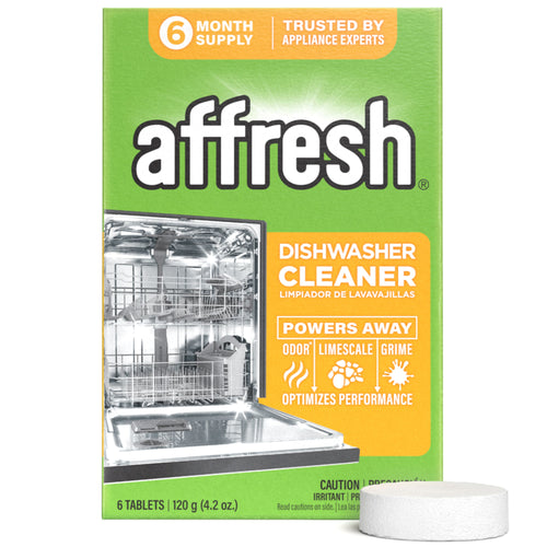 Affresh dishwasher cleaner product box with tablet shown, green and orange packaging and dishwasher image.