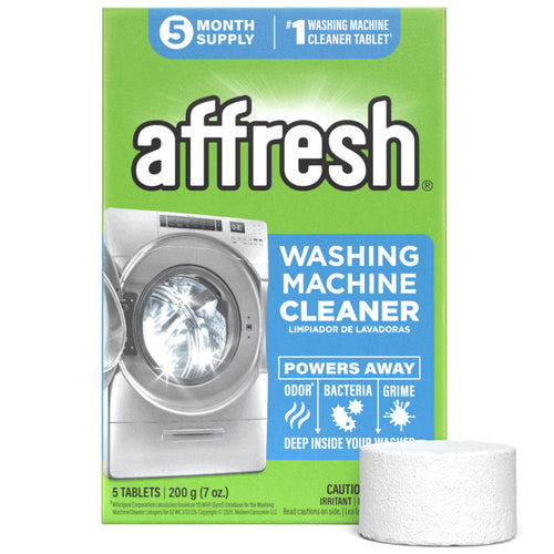 Affresh boxed washing machine cleaner packaging showing brand logo, front-load washer photo and a single white tablet.