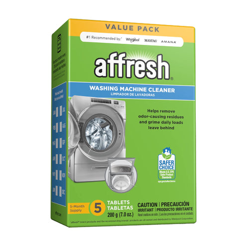 Green Affresh value-pack box showing front-load washer image and Safer Choice badge