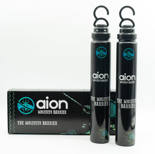 Two black Aion mosquito barrier tubes standing beside branded product box on white background
