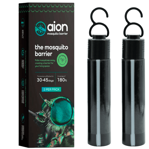 Product packaging box standing beside two black cylindrical Aion mosquito traps with hanging hooks