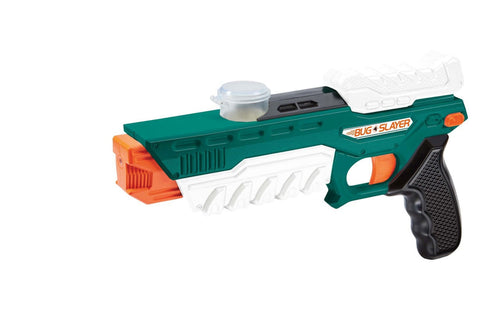 Green and white Air Warriors Bug Slayer salt blaster toy gun on white background, angled left