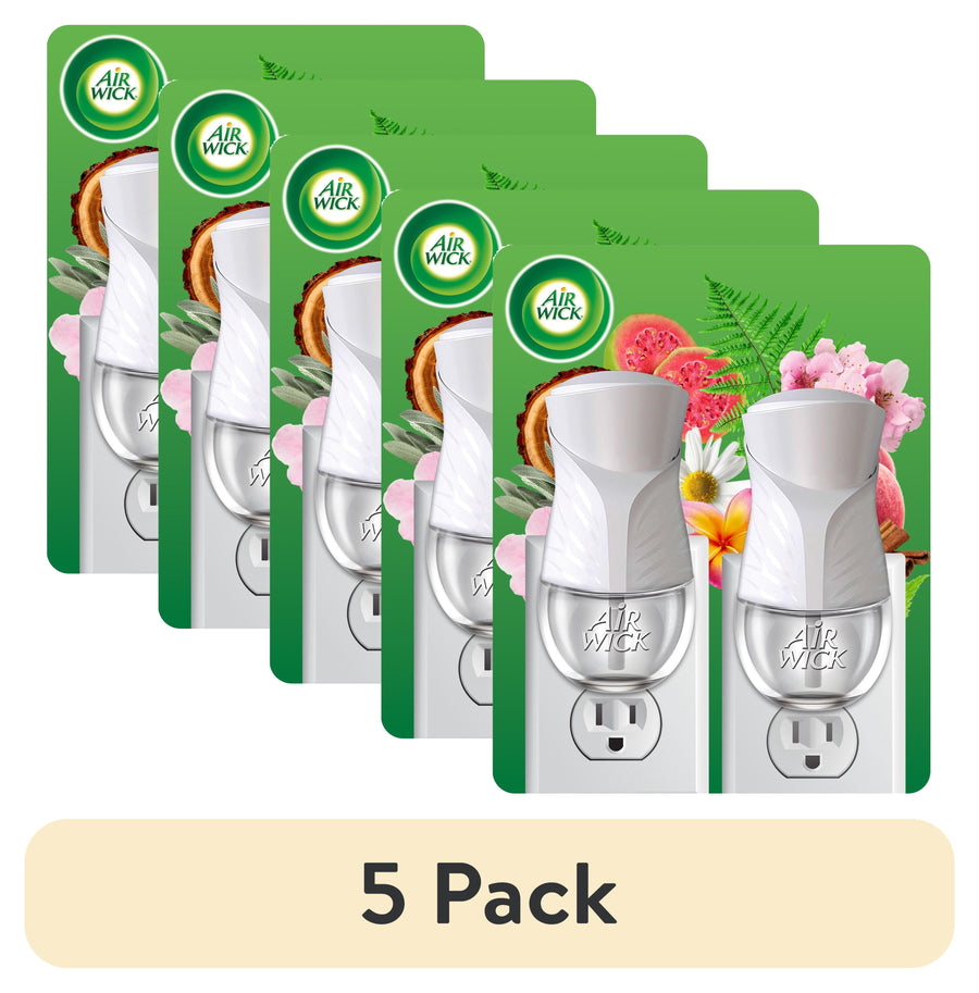 Five overlapping Air Wick plug-in oil warmer package graphics arranged behind a beige banner reading '5 Pack'.