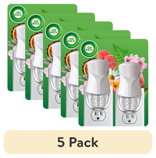 Five overlapping Air Wick plug-in oil warmer package graphics arranged behind a beige banner reading '5 Pack'.