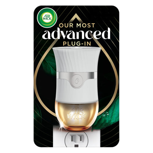 Air Wick white advanced plug-in scented oil warmer displayed on retail backing with gold-accented oil reservoir