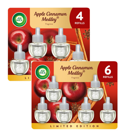 Two Air Wick Apple Cinnamon Medley refill blister cards, one labeled 4 refills and one labeled 6 refills, with apples and cinnamon art