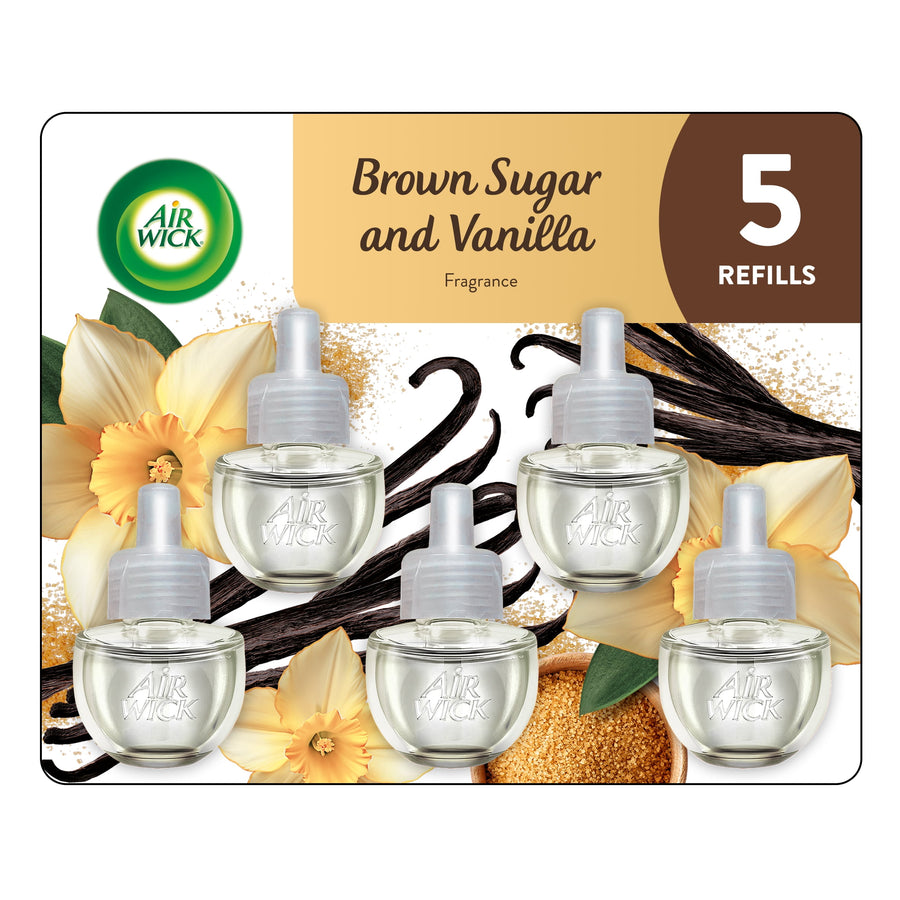 Air Wick branded blister-style pack showing five clear plug-in oil refill bottles with vanilla flowers and vanilla beans imagery