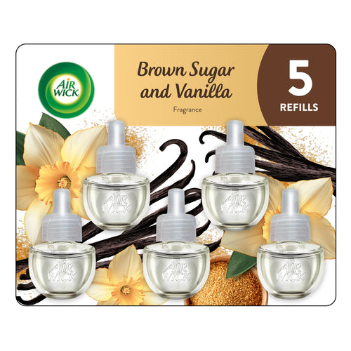 Air Wick branded blister-style pack showing five clear plug-in oil refill bottles with vanilla flowers and vanilla beans imagery
