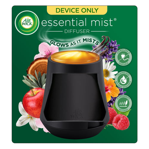 Black Air Wick Essential Mist cordless diffuser device with glowing amber top on floral background