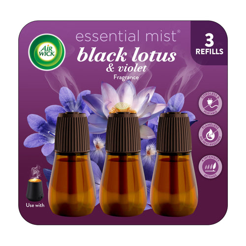 Front packaging showing three amber refill bottles with dark ribbed caps and purple lotus background for Air Wick Essential Mist