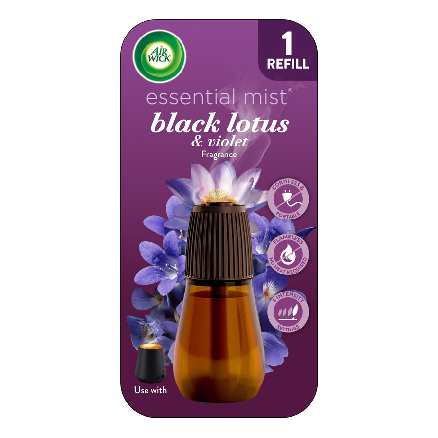 Air Wick Essential Mist black lotus & violet refill blister pack showing brown refill bottle on purple floral background