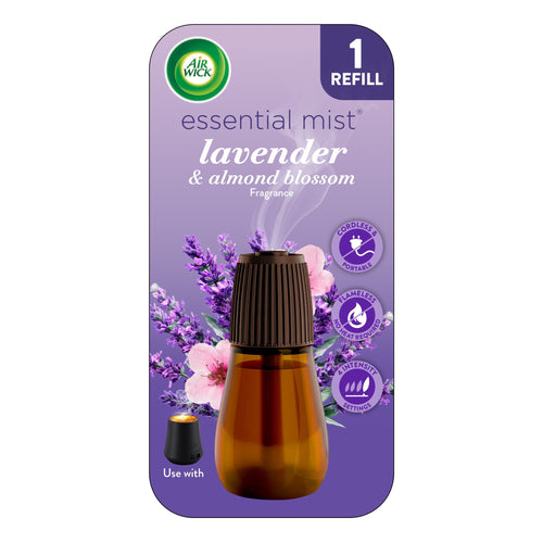 Air Wick Essential Mist lavender & almond blossom refill blister pack with floral background and amber refill bottle