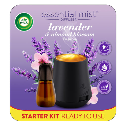 Air Wick Essential Mist starter kit packaging showing black cordless diffuser, amber oil bottle and lavender blossoms