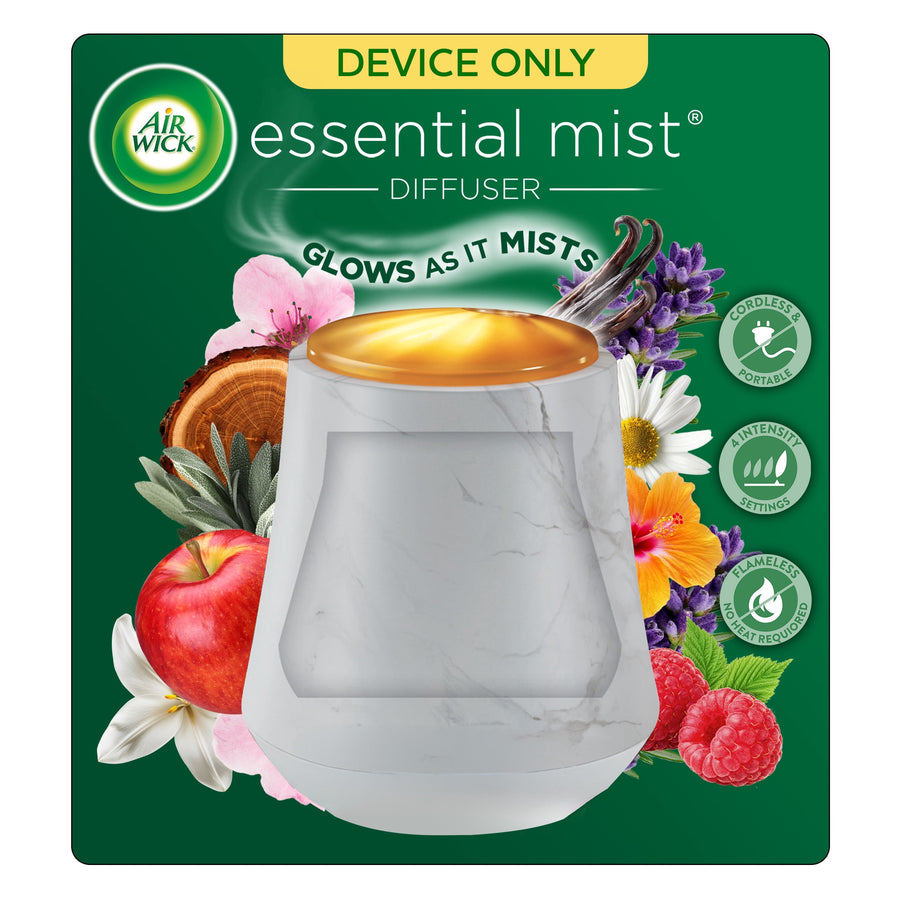 Air Wick Essential Mist marble cordless diffuser on green background with floral and fruit accents and 'device only' header.