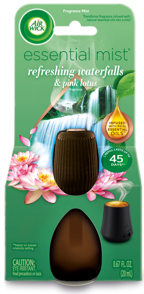 Air Wick Essential Mist refill retail blister pack showing waterfall and pink lotus artwork with visible diffuser refill window