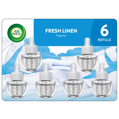 Air Wick Fresh Linen plug-in refill six-pack graphic showing six clear refill bottles on linen background