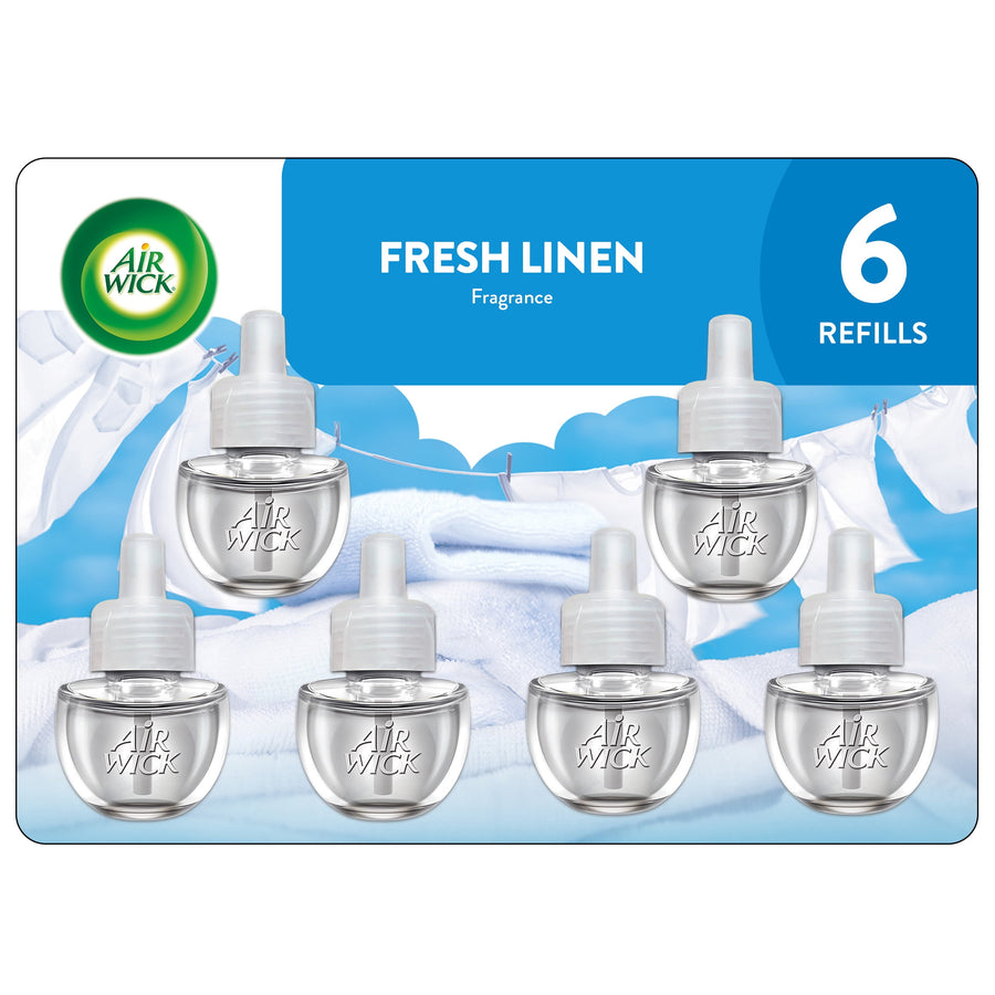 Air Wick Fresh Linen plug-in refill six-pack graphic showing six clear refill bottles on linen background
