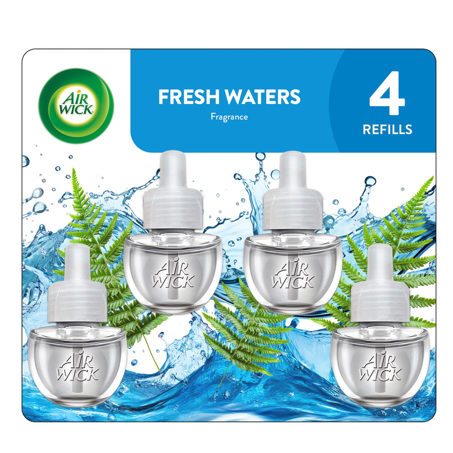 Four clear Air Wick plug-in oil refill bottles over water splash and fern graphics with 'Fresh Waters' header