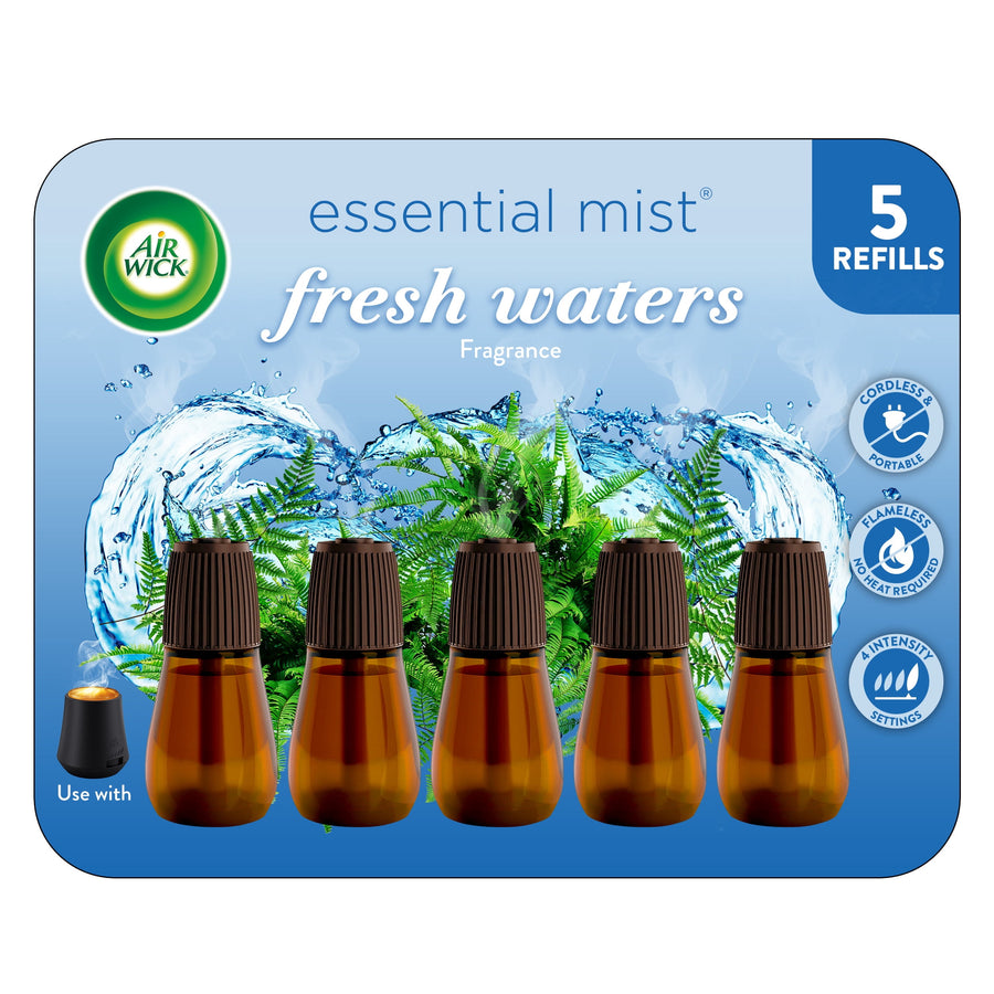 Air Wick Essential Mist Fresh Waters refill package showing five amber oil refill bottles and branded blue packaging.