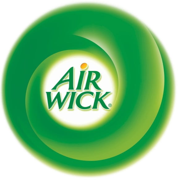 Air Wick green swirl logo graphic on white background, circular gradient with brand name in center