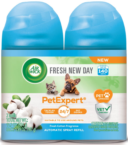 Air Wick PetExpert Fresh New Day refill twin pack with cotton imagery and Air Wick logo on front packaging.