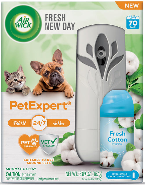Air Wick PetExpert automatic spray starter kit box showing dispenser, Fresh Cotton refill and pet images