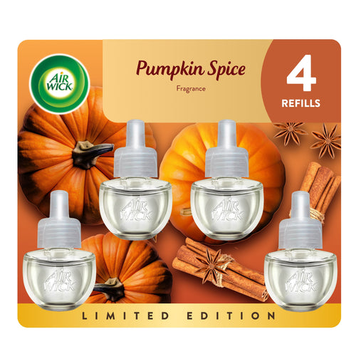 Air Wick pumpkin spice refill pack artwork showing four clear plug‑in oil bottles over pumpkins and cinnamon sticks